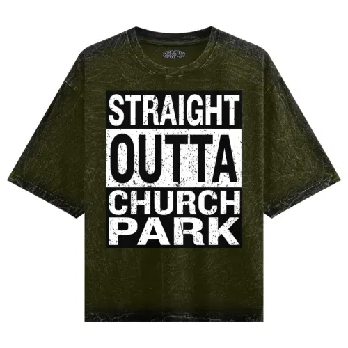 Straight outta church park men/unisex acid wash oversized t-shirt in olive green color