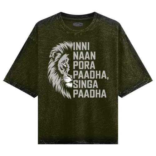 Inni naan pora paadha, singha paadhai men/unisex acid wash oversized t-shirt in olive green color