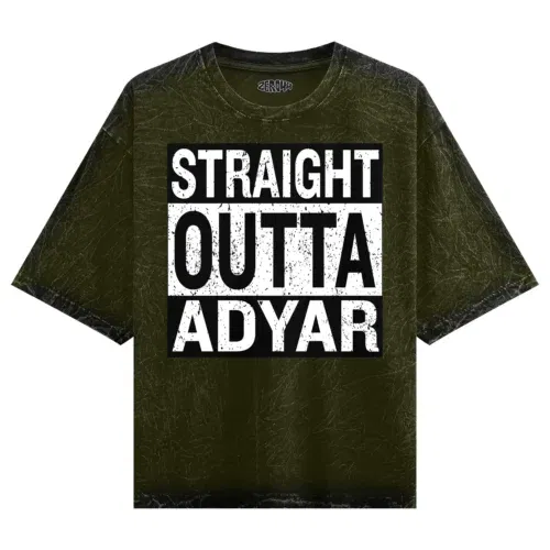 Straight outta adyar men/unisex acid wash oversized t-shirt in olive green color