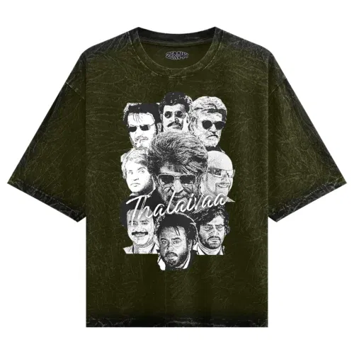 Thalaivaa avatars men/unisex acid wash oversized t-shirt in olive green color