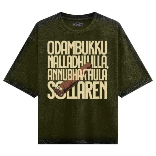 Odambukku nalladhu illa, annubhavathula sollaren men/unisex acid wash oversized t-shirt in olive green color