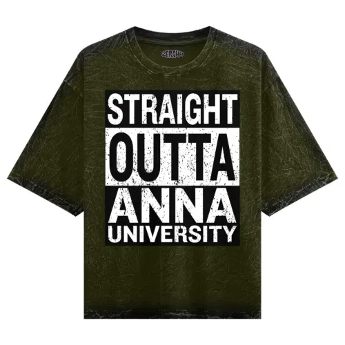 Straight outta anna university men/unisex acid wash oversized t-shirt in olive green color