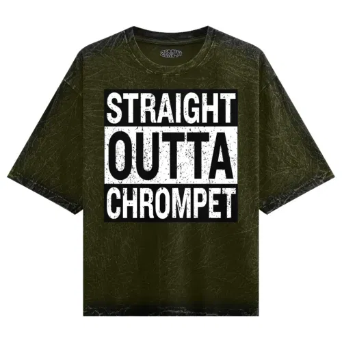 Straight outta chrompet men/unisex acid wash oversized t-shirt in olive green color