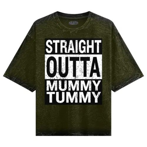 Straight outta mummy tummy men/unisex acid wash oversized t-shirt in olive green color