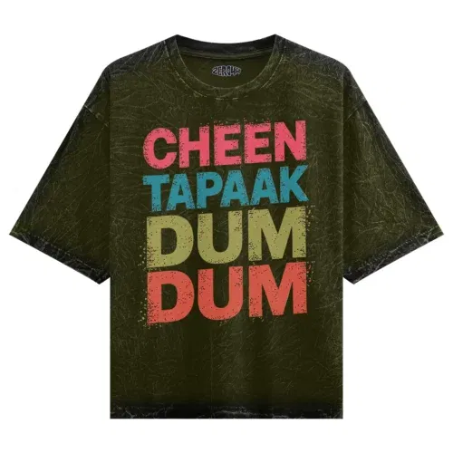 Cheen tapaak dum dum men/unisex acid wash oversized t-shirt in olive green color