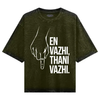 En Vazhi, Thani Vazhi (White) Men/Unisex Acid Wash Oversized T-Shirt in Olive Green Color