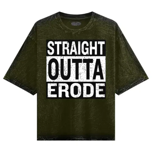 Straight outta erode men/unisex acid wash oversized t-shirt in olive green color