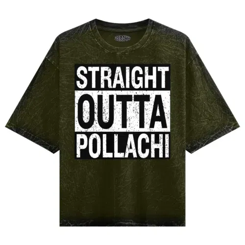 Straight outta pollachi men/unisex acid wash oversized t-shirt in olive green color