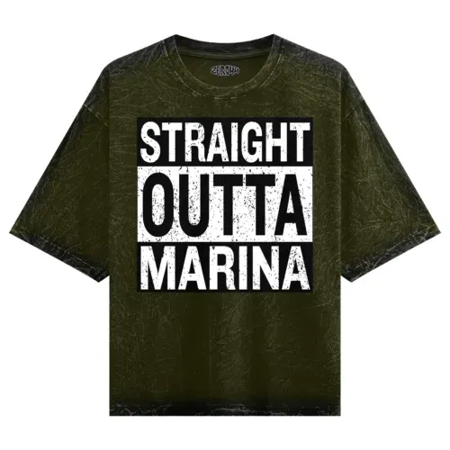 Straight outta marina men/unisex acid wash oversized t-shirt in olive green color