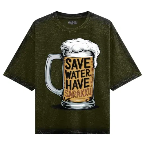 Save water and have sarakku men/unisex acid wash oversized t-shirt in olive green color