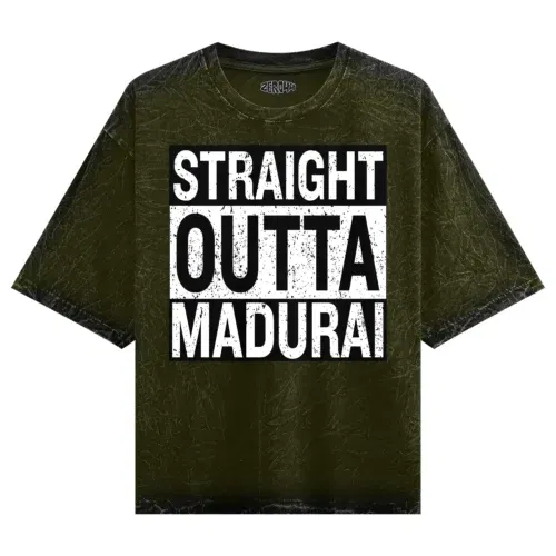 Straight outta madurai men/unisex acid wash oversized t-shirt in olive green color