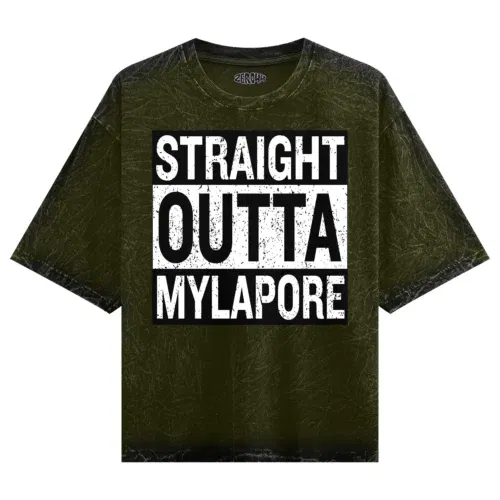 Straight outta mylapore men/unisex acid wash oversized t-shirt in olive green color