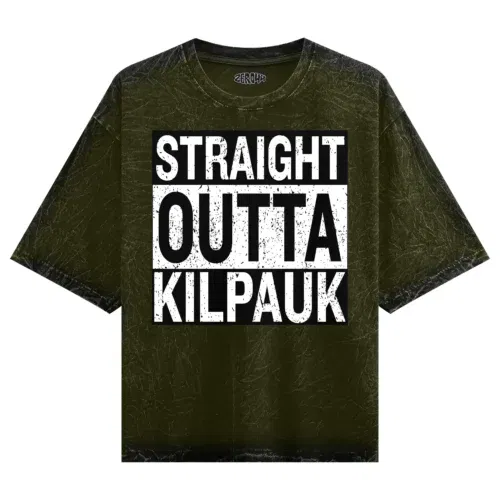Straight outta kilpauk men/unisex acid wash oversized t-shirt in olive green color