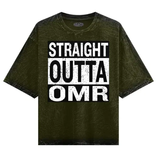 Straight outta omr men/unisex acid wash oversized t-shirt in olive green color