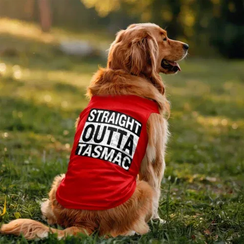 Straight outta tasmac dog tank in red color