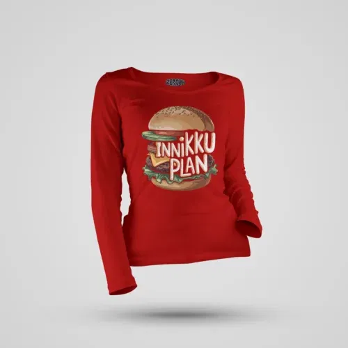Innikki plan - burger women's long sleeve t-shirt in red color