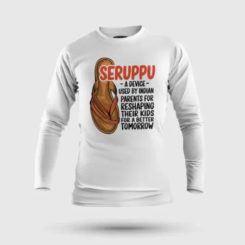 Seruppu - a device used by indian parents men/unisex long sleeve t-shirt in white color