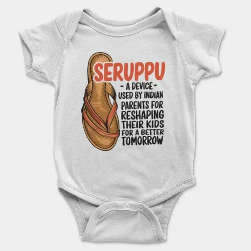 Seruppu - a device used by indian parents onesie/romper in white color