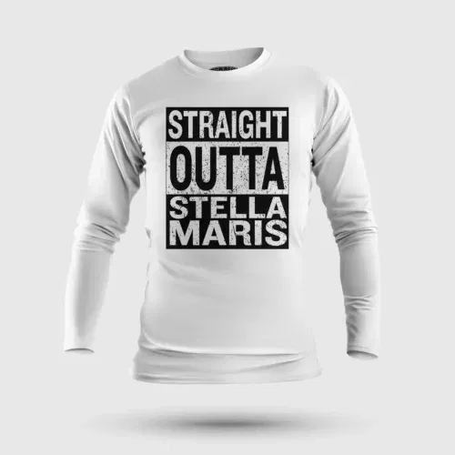 Straight outta stella maris men/unisex long sleeve t-shirt in white color