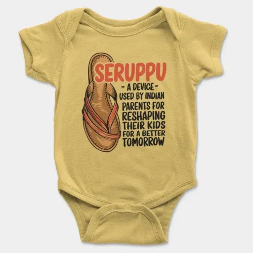 Seruppu - a device used by indian parents onesie/romper in yellow color