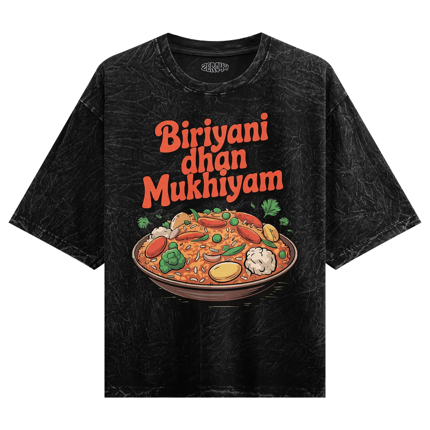 Biriyani Dhan Mukhiyam Veg Men/Unisex Acid Wash Oversized T-Shirt in Black Color