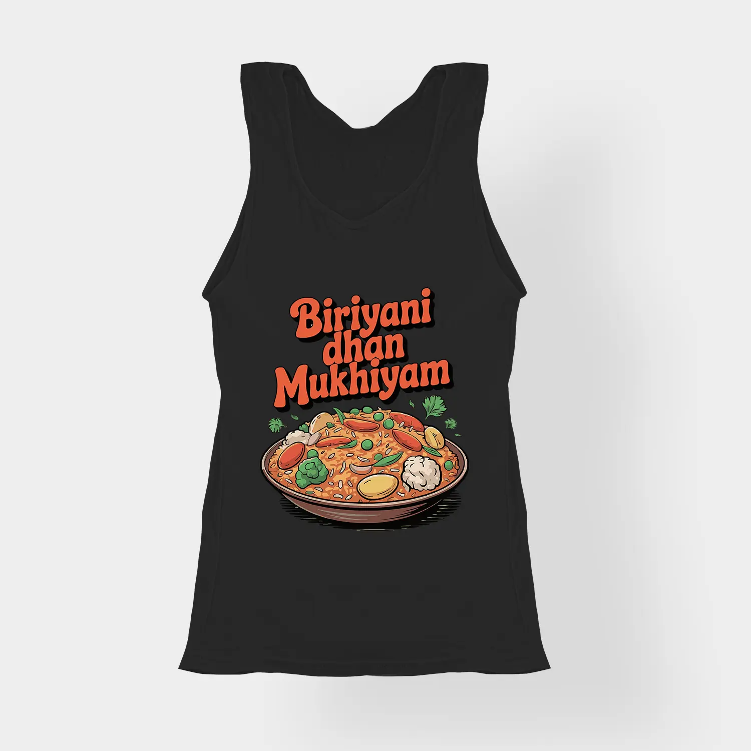 Biriyani Dhan Mukhiyam Veg Women's Tank Top in Black Color