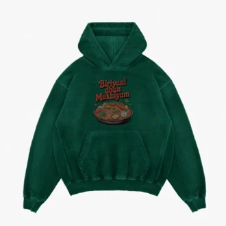 Biriyani Dhan Mukhiyam Veg Men/Unisex Acid Wash Hoodie in Bottle Green Color