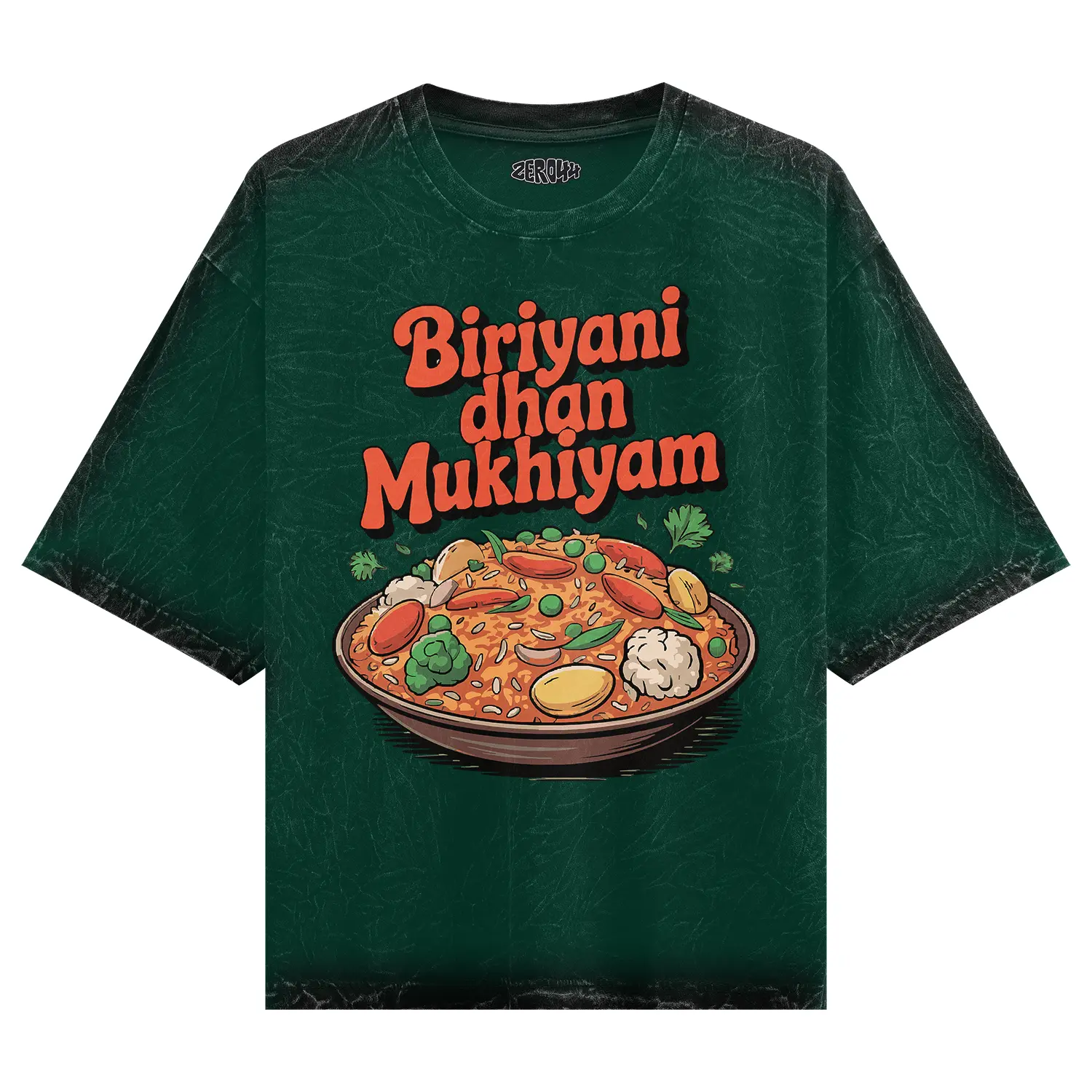 Biriyani Dhan Mukhiyam Veg Men/Unisex Acid Wash Oversized T-Shirt in Bottle Green Color