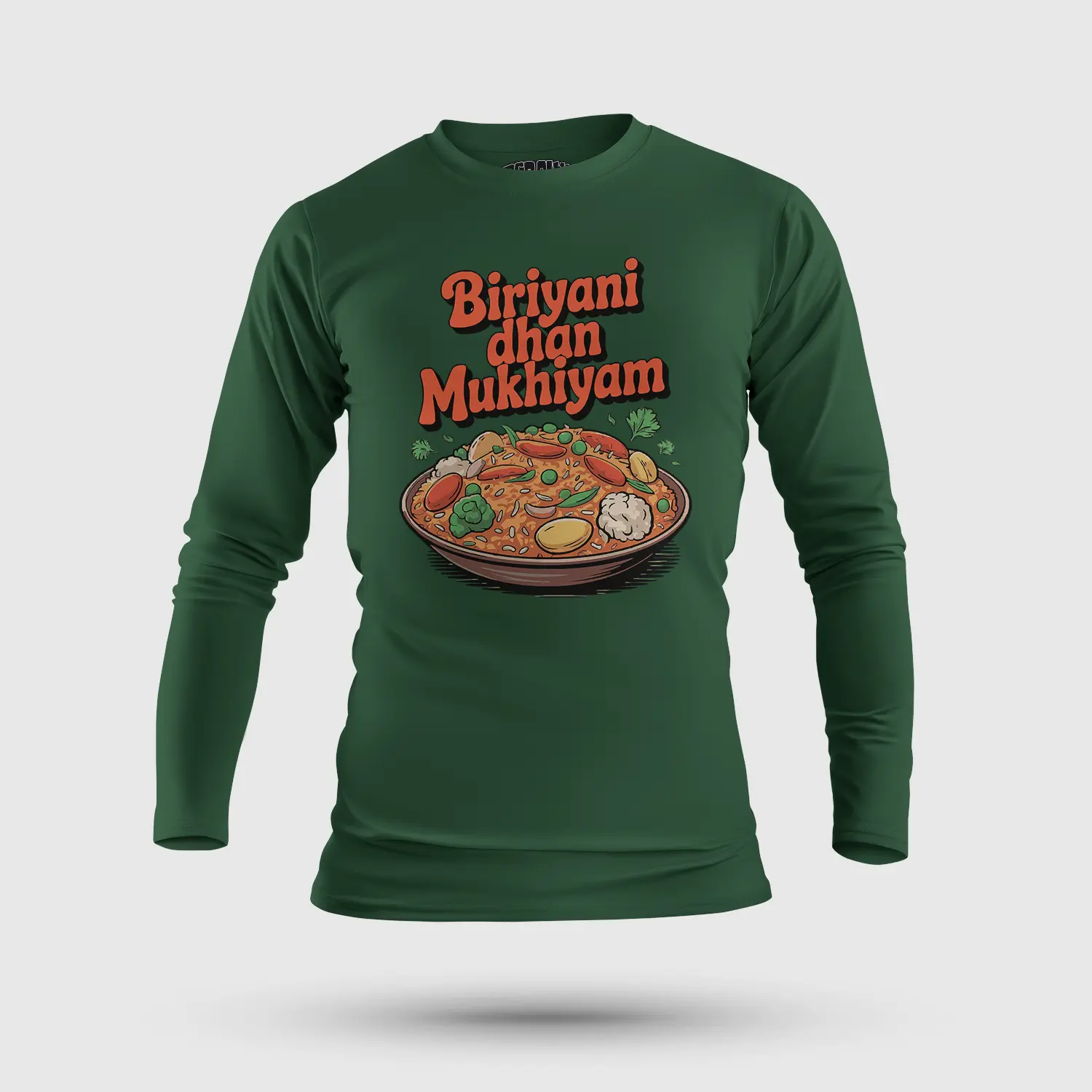Biriyani Dhan Mukhiyam Veg Men/Unisex Long Sleeve T-Shirt in Bottle Green Color