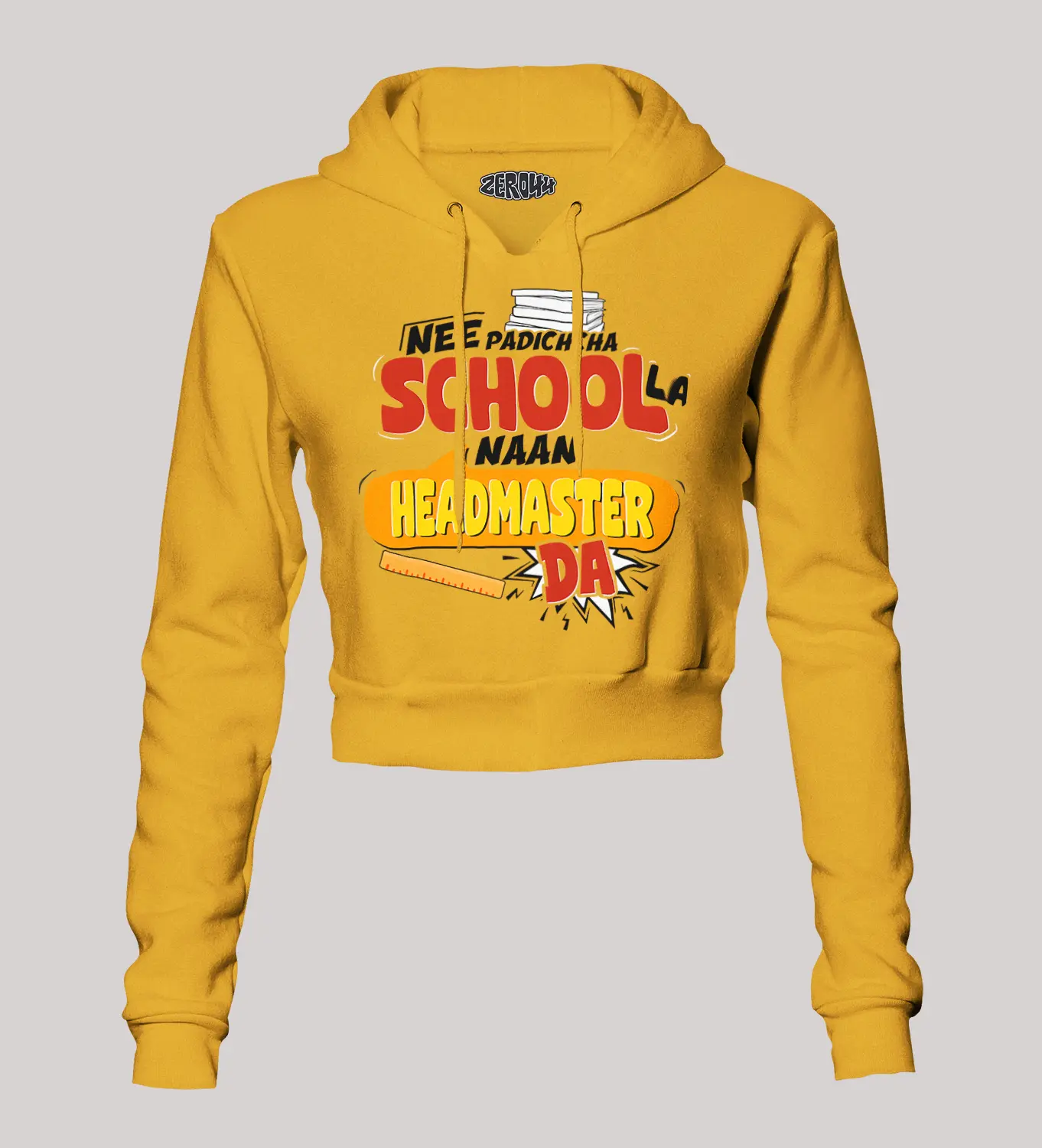 Nee Padicha School La Naan Headmaster Da Women's Crop Hoodies in Mustard Yellow Color