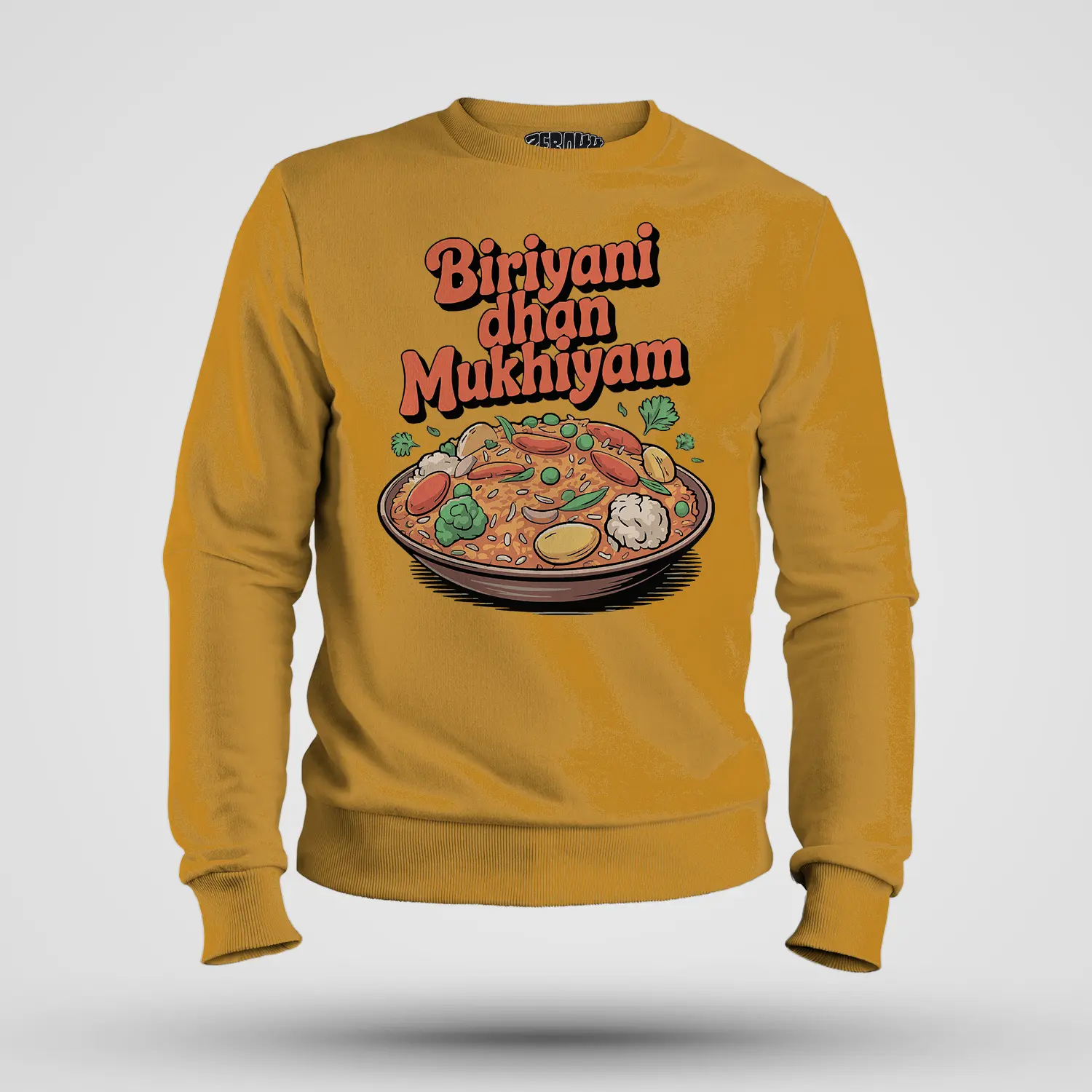Biriyani Dhan Mukhiyam Veg Men/Unisex Sweatshirt in Mustard Yellow Color