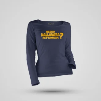 Neega Nallavara Kettavara Women's Long Sleeve T-Shirt in Navy Blue Color