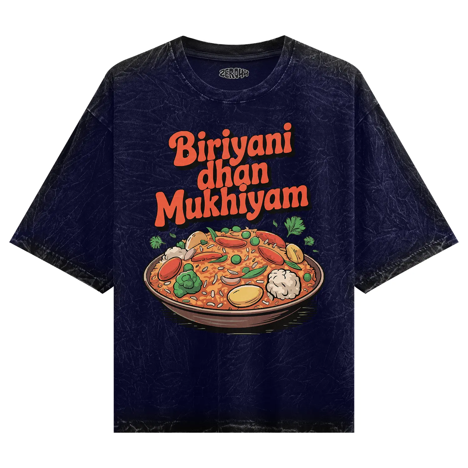 Biriyani Dhan Mukhiyam Veg Men/Unisex Acid Wash Oversized T-Shirt in Navy Blue Color