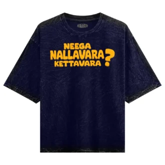 Neega Nallavara Kettavara Men/Unisex Acid Wash Oversized T-Shirt in Navy Blue Color