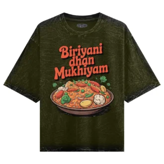 Biriyani Dhan Mukhiyam Veg Men/Unisex Acid Wash Oversized T-Shirt in Olive Green Color