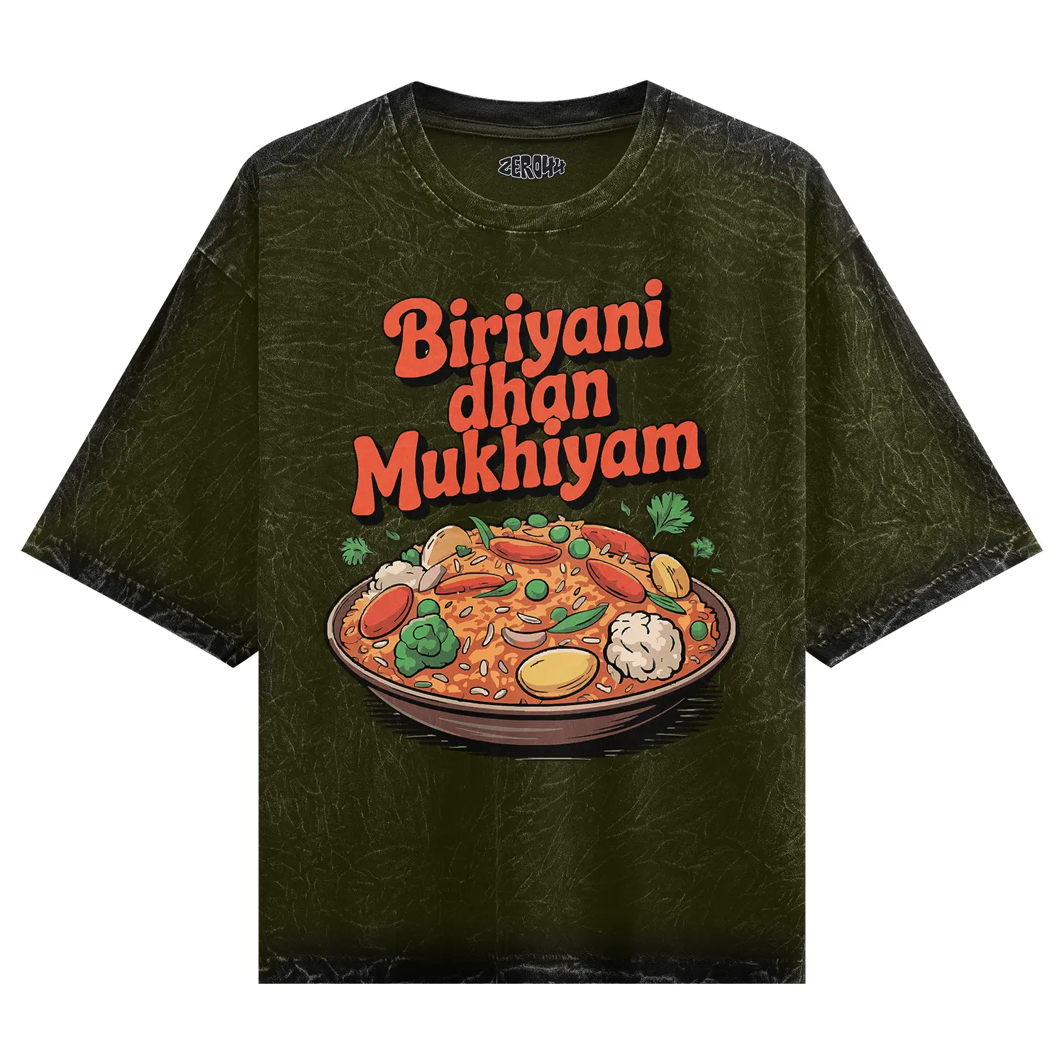 Biriyani Dhan Mukhiyam Veg Men/Unisex Acid Wash Oversized T-Shirt in Olive Green Color