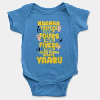 Naanga Triples Povom Four Povom, Adha Kekka Neenga Yaaru Onesie/Romper in Orchid Blue Color