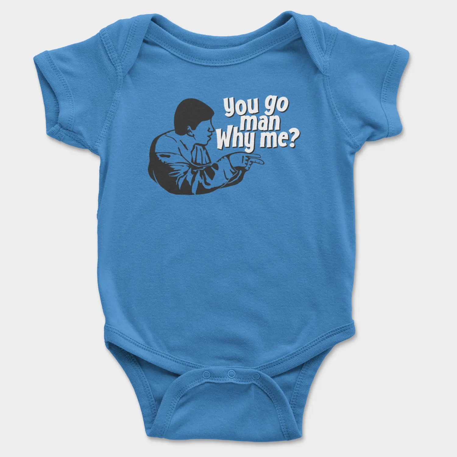 You Go Man, Why Me Onesie/Romper in Orchid Blue Color