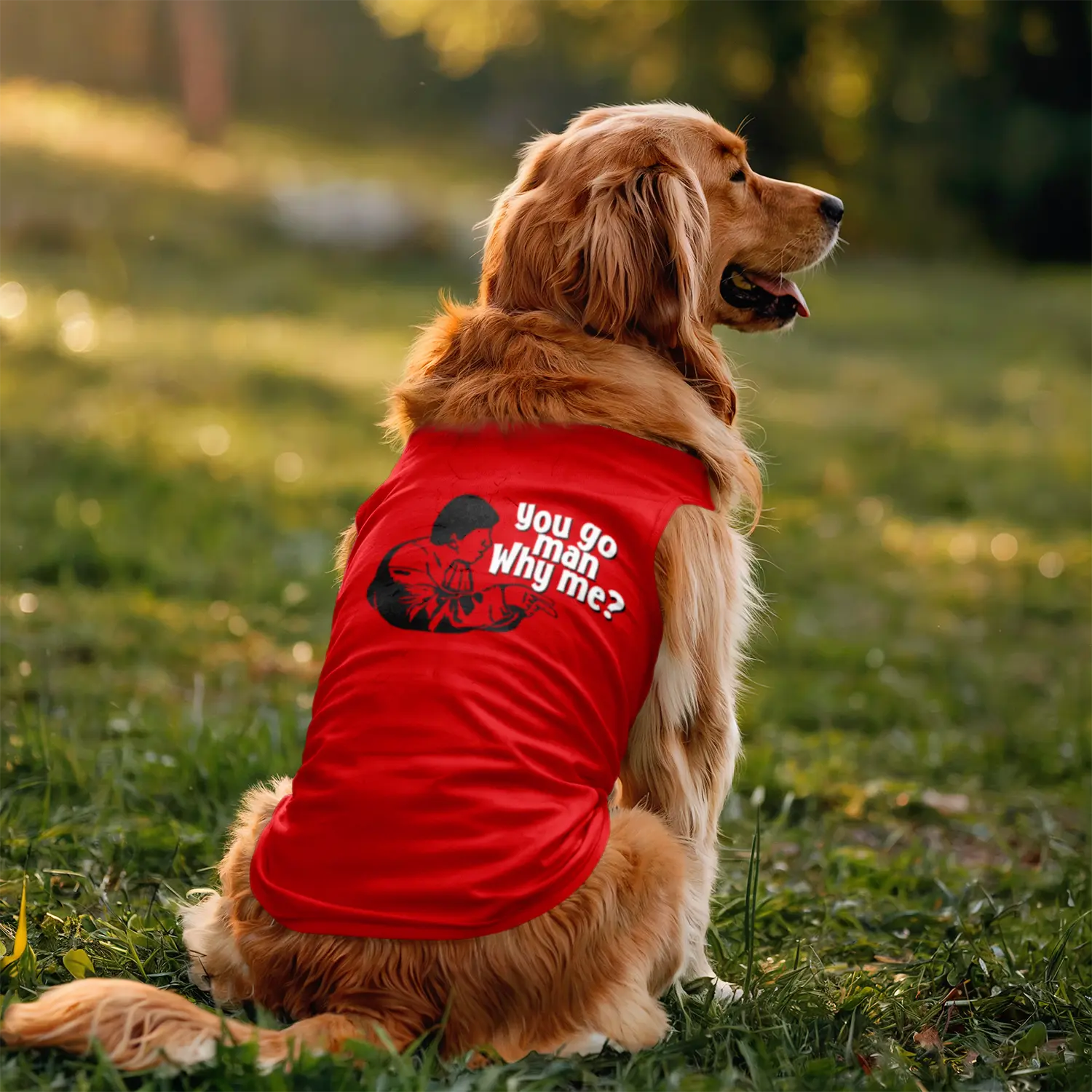 You Go Man, Why Me Dog Tank in Red Color