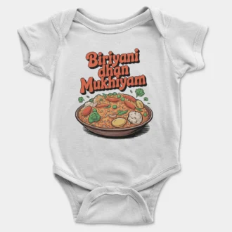 Biriyani Dhan Mukhiyam Veg Onesie/Romper in White Color