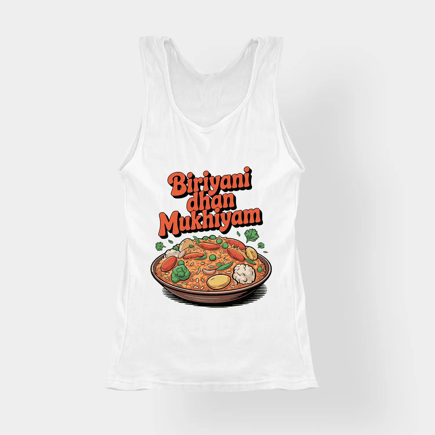 Biriyani Dhan Mukhiyam Veg Women's Tank Top in White Color