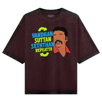 Vandan Suttan Seththan Repeattu Men/Unisex Acid Wash Oversized T-Shirt in Maroon Color